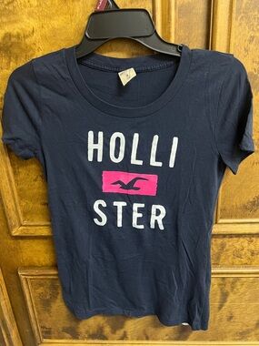 Hollister Navy Tee with Pink Logo Panel